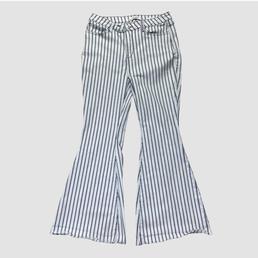 Judy Blue Super Flare Jeans Womens 15/32 White Navy Striped High Rise Western - Picture 2 of 16